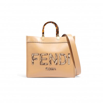 FENDI BEIGE LEATHER AND PYTHON MEDIUM SUNSHINE SHOPPER TOTE  (36*31*12cm)